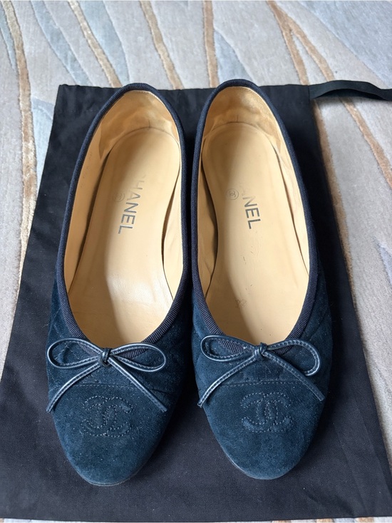 CHANEL Shoes - CHANEL Dark Navy Suede Quilted Ballet Flats with Bow